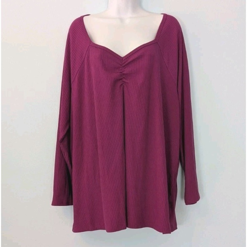 Terra & Sky Ribbed Stretch Knit Top Women's 3X Mulberry Pink Long Sleeve NEW